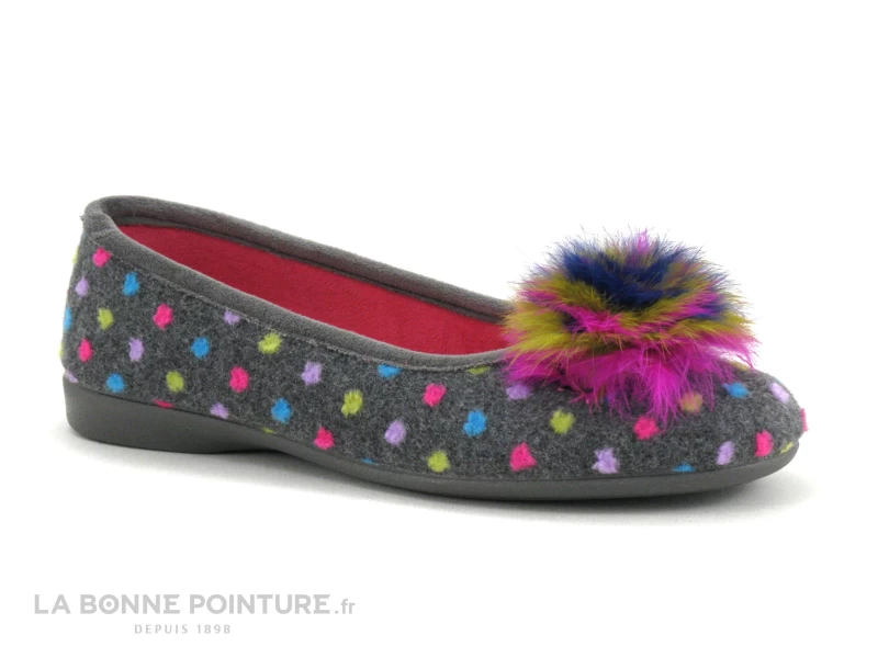 Zels 2378 Gris - Pois Et Pompon Multicolores - Pantoufle Ballerine 7 Zels 2378 Gris - Pois Et Pompon Multicolores - Pantoufle Ballerine – Image 5