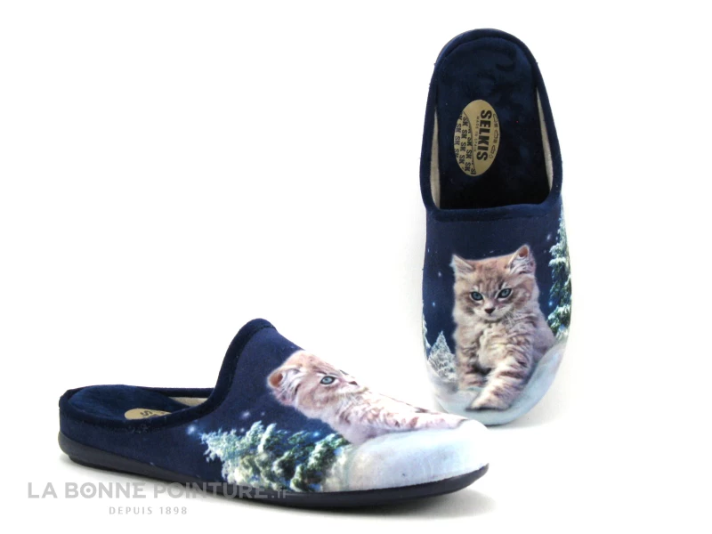 Selkis 22357 Marino - Pantoufle Mule Bleu Marine - Chat Et Sapin 3 Selkis 22357 Marino - Pantoufle Mule Bleu Marine - Chat Et Sapin